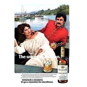 1979 Windsor Canadian Whisky Vintage Print Ad Fishing Pier Boats RCMP Wall Art